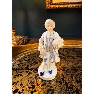 Vintage Dresden-Style Porcelain Figurine – Blue & Gold Lace Detail Man, 6" Tall